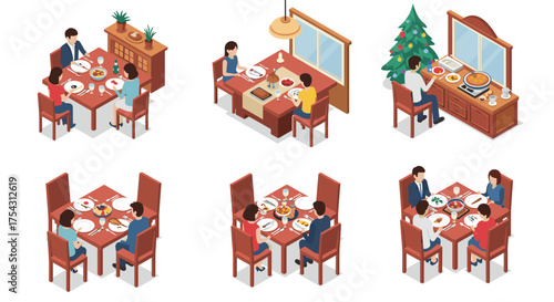 Isometric family dining scenes: holiday and everyday meals with diverse food settings