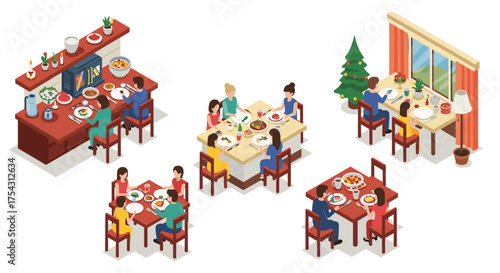 Isometric festive dining: family gatherings and holiday meals in cozy settings