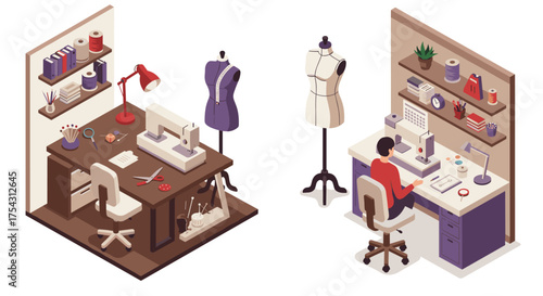 Isometric sewing workshop with tailoring tools and fashion design elements