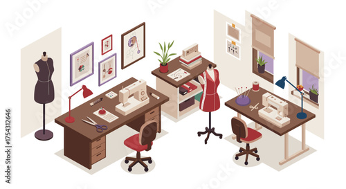 Cozy sewing room setup with dress forms, sewing machines, and craft supplies in isometric design