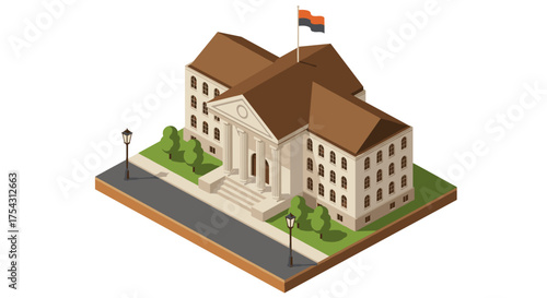 Isometric government building with flag on lawn and street lamps