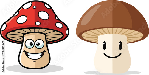 Two cartoon mushrooms with faces on a white background