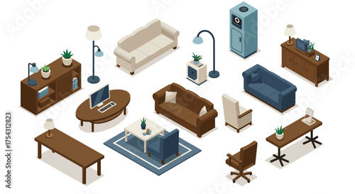 Modern isometric furniture set for home interiors