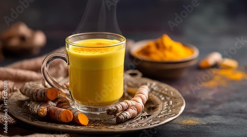 Golden milk turmeric latte warm drink glass cup with steam cozy rustic spice healthy ayurvedic vibe, herbal foam top, cozy mood rustic style dark