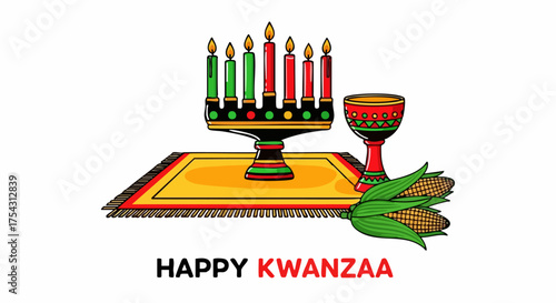 Kwanzaa celebration with vibrant kinara, traditional drum, and colorful mat featuring symbols of unity and prosperity. Kwanzaa decorations include candles representing heritage and community.