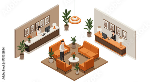 Modern office waiting area with desks and seating in isometric style