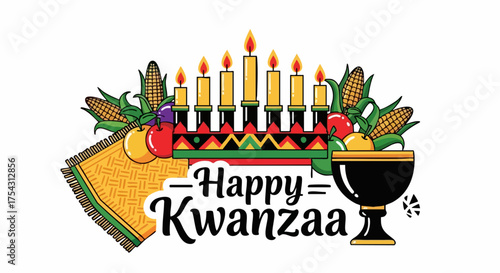 Festive Kwanzaa celebration with colorful candles and traditional fruits arranged on a vibrant mat, representing community and unity during Kwanzaa festivities.