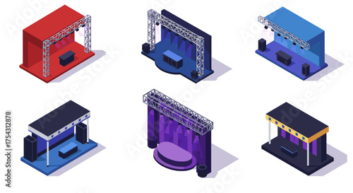 Isometric event stages set with lighting and sound equipment in various colors and designs