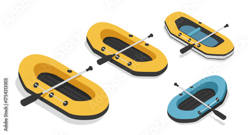Isometric inflatable rafts with paddles in yellow and blue