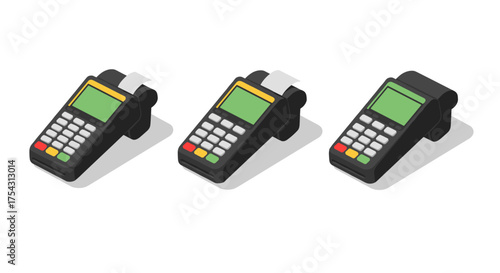 Isometric card payment terminals on white background