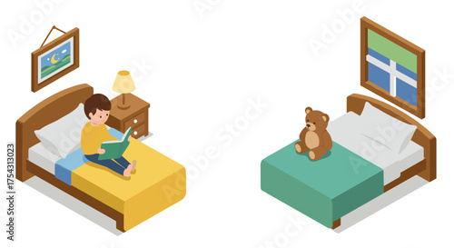 Isometric bedroom with child reading and teddy bear decor