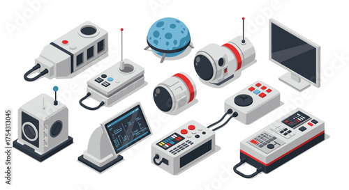 Retro futuristic tech gadgets in isometric style with space theme elements