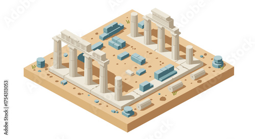 Isometric ancient greek ruins with column structures on desert terrain