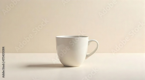 A pristine white ceramic mug sits quietly on a smooth, light beige surface, presenting a clean and minimalist aesthetic with gentle shadows creating depth in the serene composition.