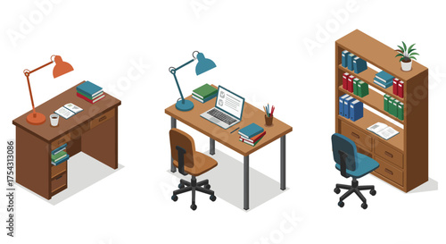 Isometric home office design with desks and bookshelves