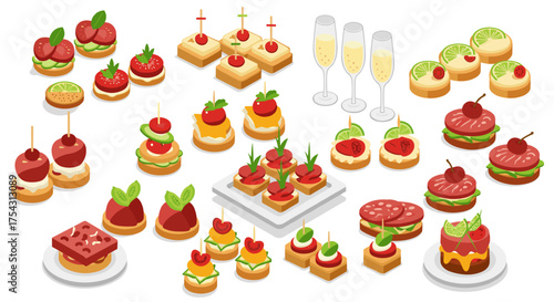 Colorful isometric canapés and appetizers with fruits and bubbly