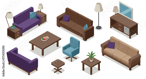 Modern isometric living room furniture set with sofas, chairs, and tables
