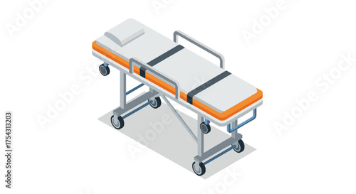 Isometric hospital gurney with orange accents on white background