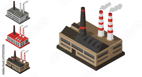 Isometric industrial buildings with red and grey chimneys emitting smoke