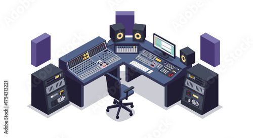 Modern music production studio setup with audio equipment and mixing console