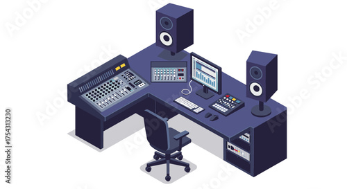 Isometric recording studio setup with audio equipment and desk
