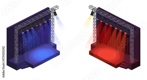 Isometric stage with lighting and curtains for events and performances