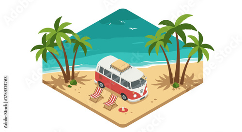 Beach adventure with vintage camper van under palm trees in isometric design