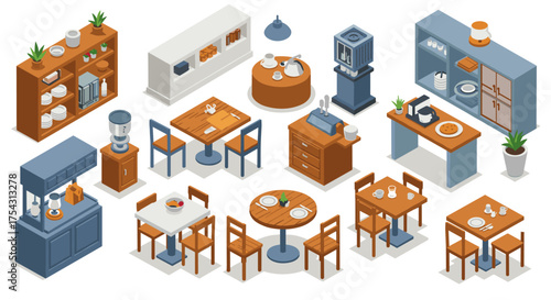 Isometric kitchen furniture set featuring dining tables, cabinets, and appliances