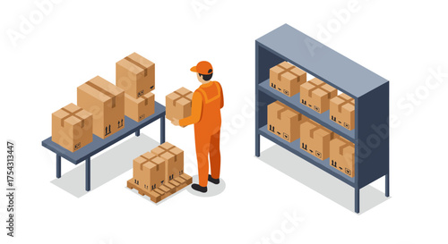 Warehouse logistics with worker organizing boxes in isometric style