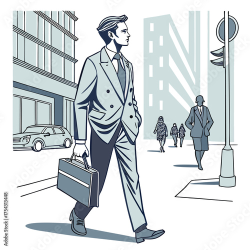Urban Commute: A well-dressed businessman strides confidently through a modern cityscape, briefcase in hand, amidst the backdrop of towering buildings and the hum of city life.