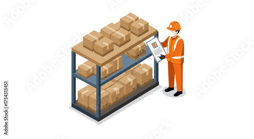Warehouse worker inspecting inventory on shelves in isometric style