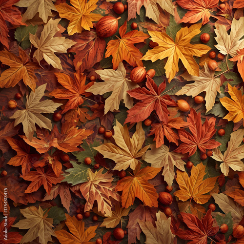 Macro top down photo of dall leaves and nuts on the ground. Background pattern