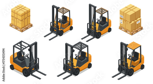 Isometric forklift and pallet set: warehouse equipment collection