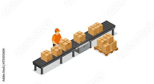 Isometric warehouse worker with conveyor belt and cardboard boxes