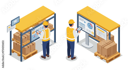 Warehouse management isometric scene with workers using technology for inventory control