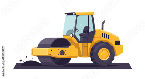 Yellow steamroller compacting asphalt on a white background, illustrating construction and road work