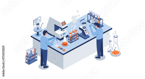 Modern isometric science laboratory with researchers conducting experiments