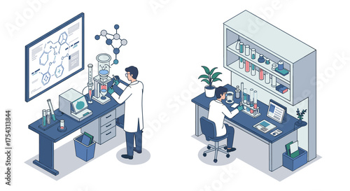 Scientists in a laboratory setting with equipment and research studies in modern isometric design