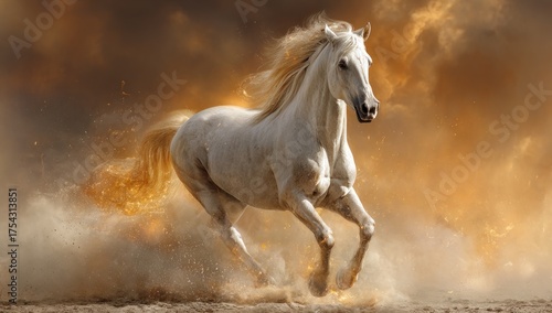 Majestic white horse running in a cloud of dust against orange backdrop