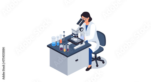 Female scientist using microscope in laboratory isometric illustration