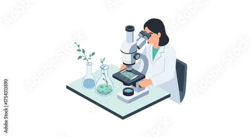 Scientist examining plant samples under microscope in modern laboratory