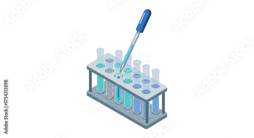 Isometric laboratory test tubes and pipette in rack on white background