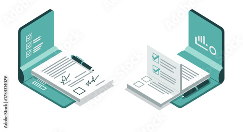 Isometric office setup with documents and pens for business analysis