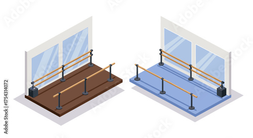 Isometric dance studios with mirrors and ballet barres on brown and blue floors