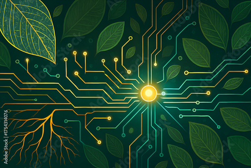 Green eco technology circuit board with glowing central sun connecting leaves and roots