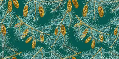 Fir green natural forest pine tree needles branch pine cones greenery hand drawn watercolor illustration. Seamless pattern. Decorative winter seasonal green background. Wrap print. Art botanical.
