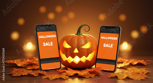 Two mobile phones displaying Halloween sale text next to a carved pumpkin and autumn leaves, conveying online shopping and holiday discount.