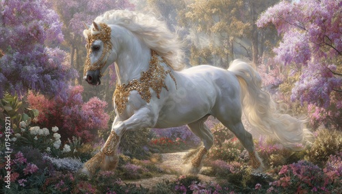 Majestic white horse running through a floral landscape in sunlight