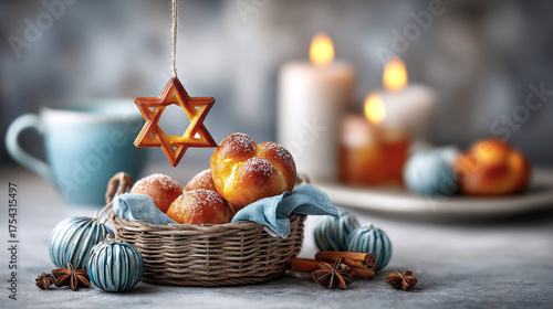 A festive Hanukkah scene featuring a woven basket filled with golden sufganiyot, a Star of David ornament, and lit candles in the background.