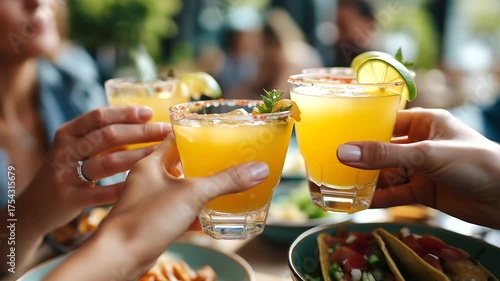 Young Hispanic Friends Group Celebrating Cinco De Mayo Holiday With Colorful Margaritas and Traditional Tacos at Outdoor Patio Restaurant. Mixed Gender Party Guests Toasting Tequil